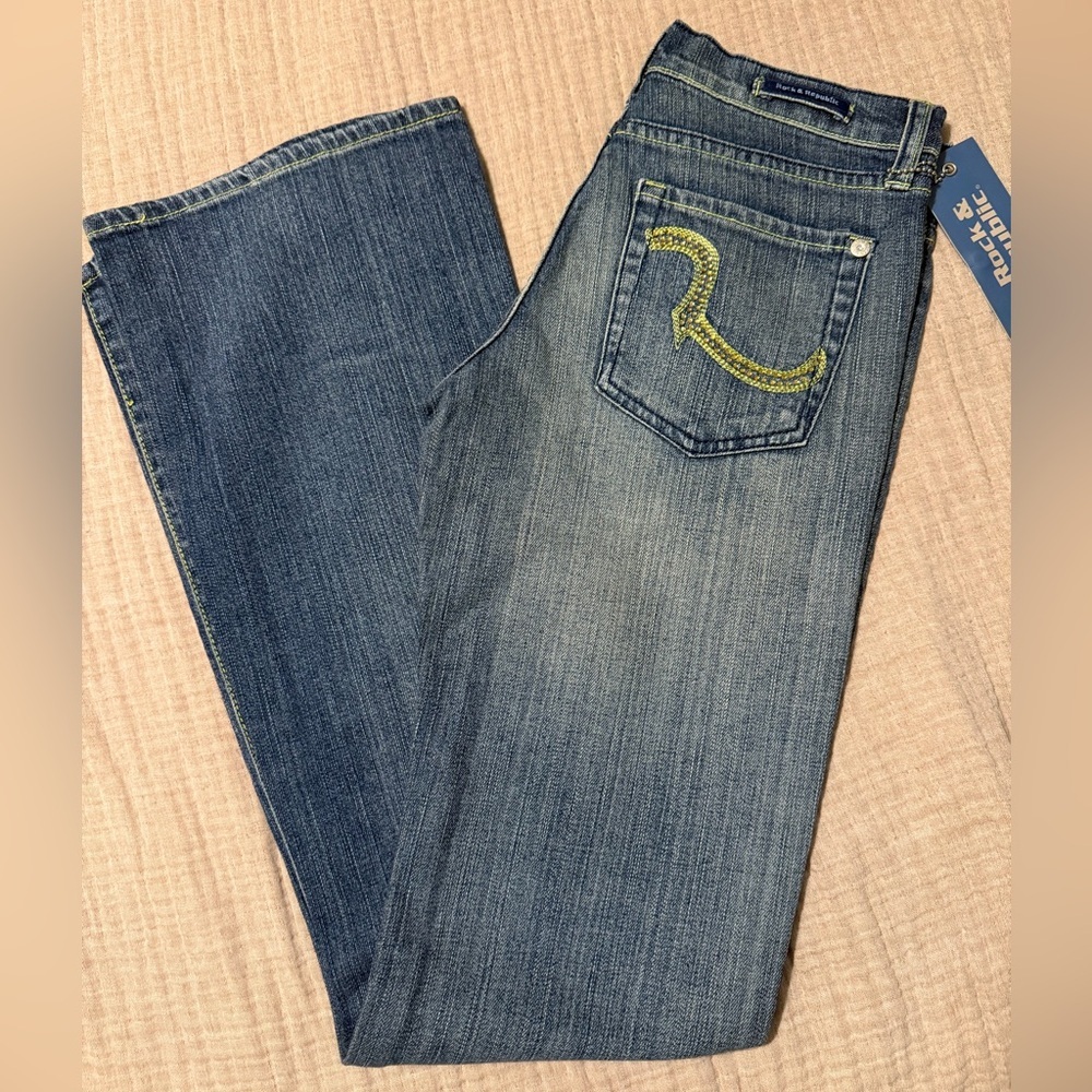 Rock & Republic Blue Boot Cut Jeans with Yellow Stitching
